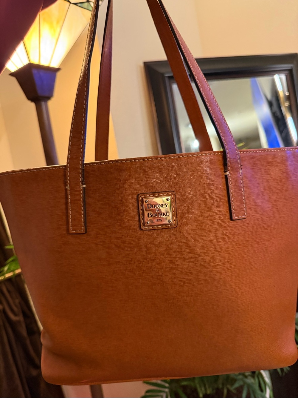Dooney & Bourke Cognac Leather Tote with Signature Plaque